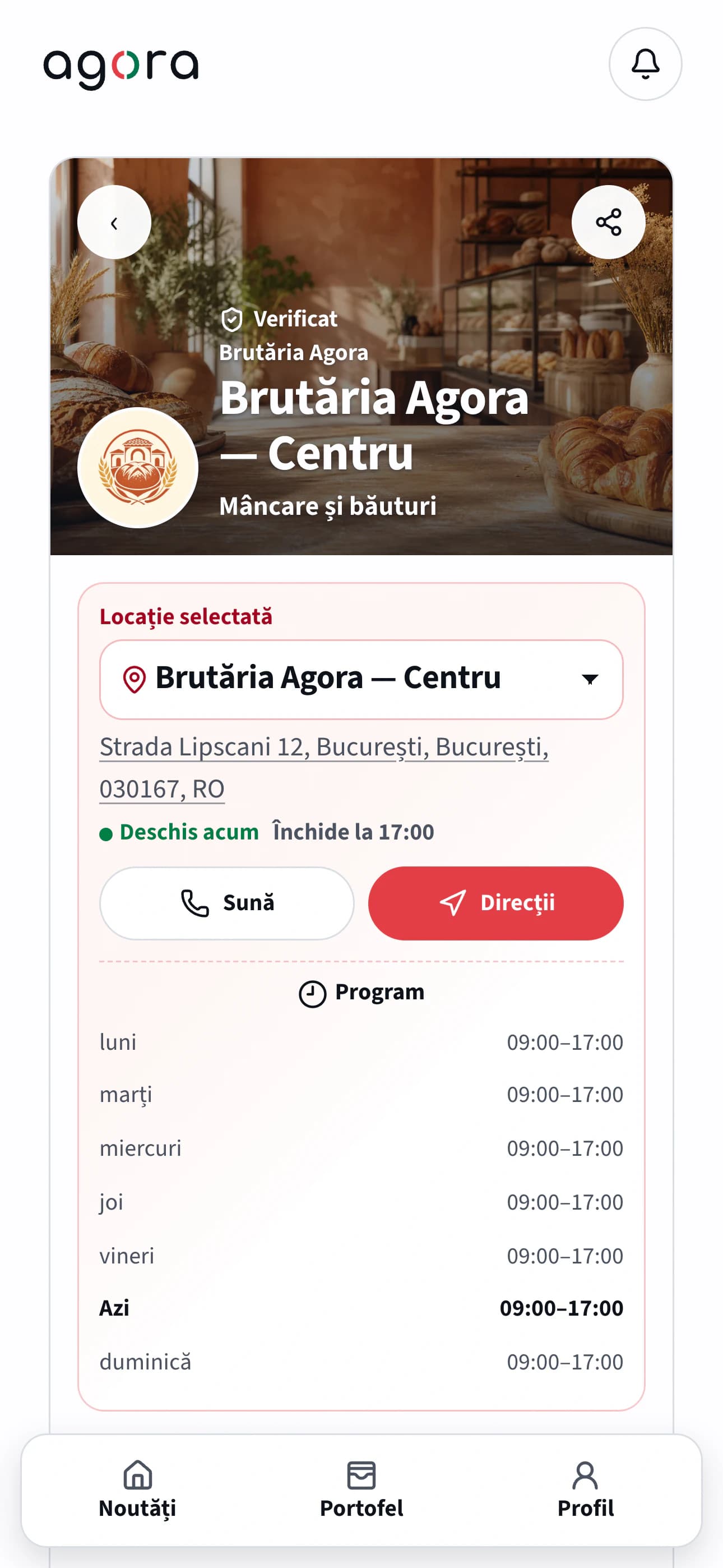 Ecranul Agora pentru rezidenți cu profilul unei brutării locale și beneficii active